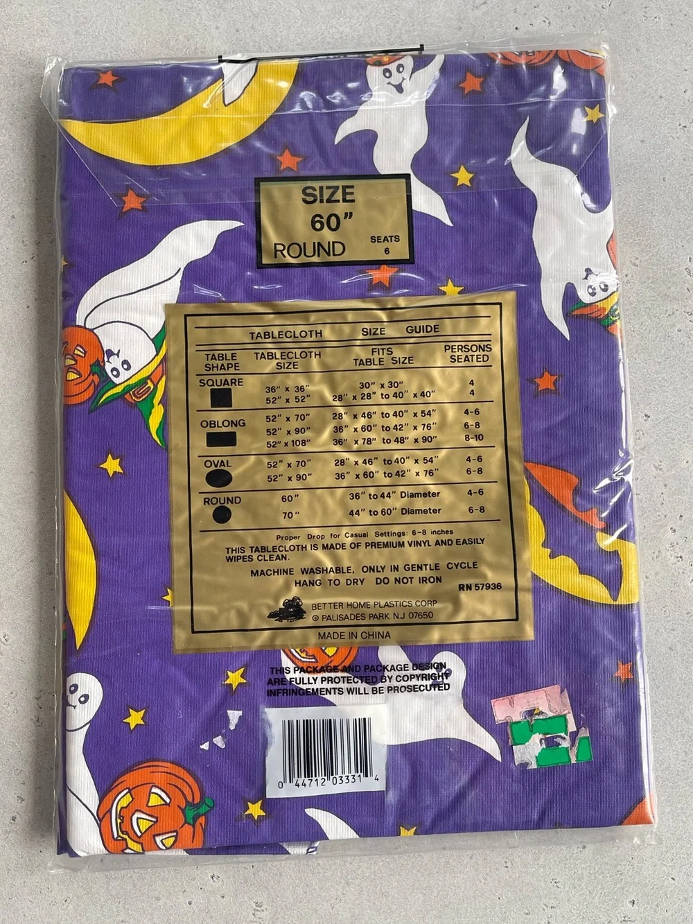 Vintage Halloween Vinyl Tablecloth Jack-o-lanterns Pumpkins Ghosts 90s 60” Round